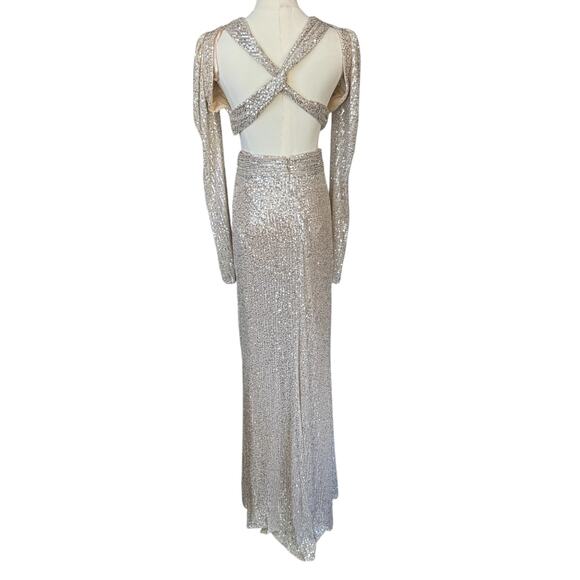 Ieena Mac Duggal 26739 Long Sleeve Sequined Gown Maxi Dress Nude Gold Size 2 NWT - Picture 3 of 10